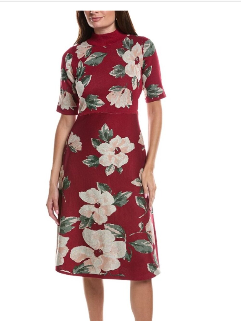 NWT Julia Jordan Wine Floral Short Knit Mock Neck 3/4 Sleeve Dress